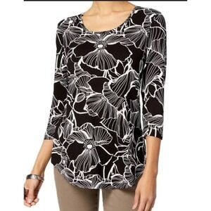 JM Collection Black White Floral Print 3/4 Sleeve Tunic Top Plus Size XL